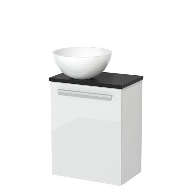 WC-Möbel mit Aufsatzwaschbecken | 41 cm Hochglanz Weiß Glatte Front Hochglanz Weiß Mineralguss Aufsatzwaschbecken Matt Schwarz Platte TMK10-04673 Weißes Badezimmermöbel mit schwarzer Oberplatte und rundem Waschbecken, schlichtes Design für ein modernes Badezimmer.