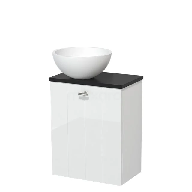 Toilet unit with countertop wash basin | 41 cm High-gloss white Lamel front Matte white Solid surface wash basin Matte black worktop TMK10-04679