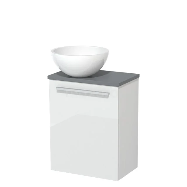 White bathroom unit with grey top plate and round countertop wash basin, compact design ideal for small bathrooms.