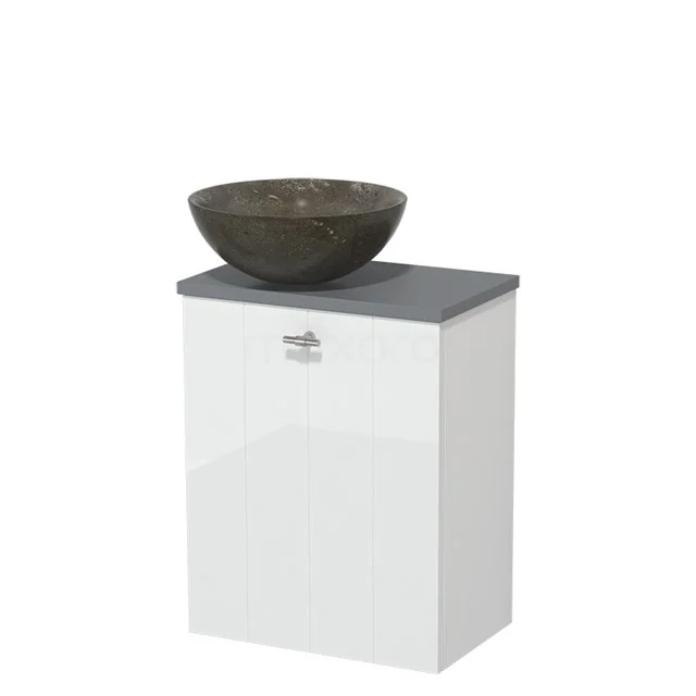 Toiletmeubel met waskom | 41 cm Hoogglans wit Lamel front Blue stone Natuursteen waskom Middengrijs blad TMK10-00799