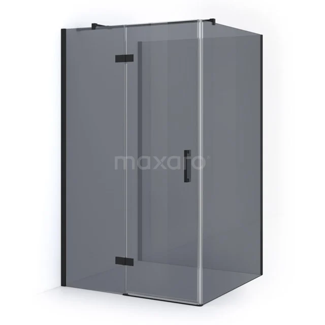 Corner shower cabin in black glass with hinged door, ideal for a modern bathroom style.