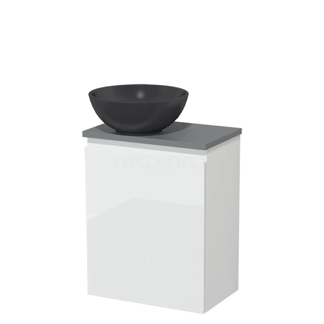 Countertop wash basin | 41 cm High-gloss white Handleless front Matte black Quartz basin Mid-grey worktop TMK10-00807 White bathroom unit with vanity units with basin in grey, modern design, ideal for compact bathrooms, made of high-quality materials.