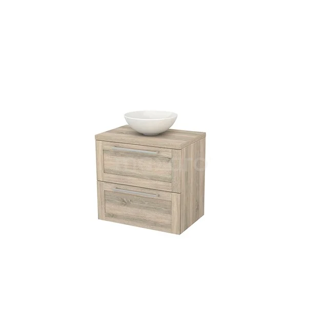 Modulo+ Plato Vanity units for countertop basin | 70 cm Oak Frame front Oak worktop 2 Stacked drawers BMK001707 Wooden bathroom unit with two drawers and a white ceramic countertop wash basin, compact design ideal for modern bathroom design.