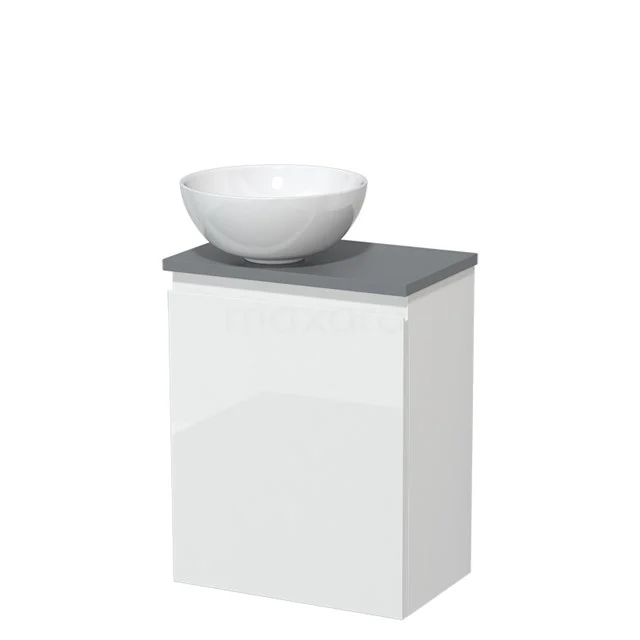 White bathroom cabinet with grey top and round countertop wash basin, modern design for stylish storage space in the bathroom.
