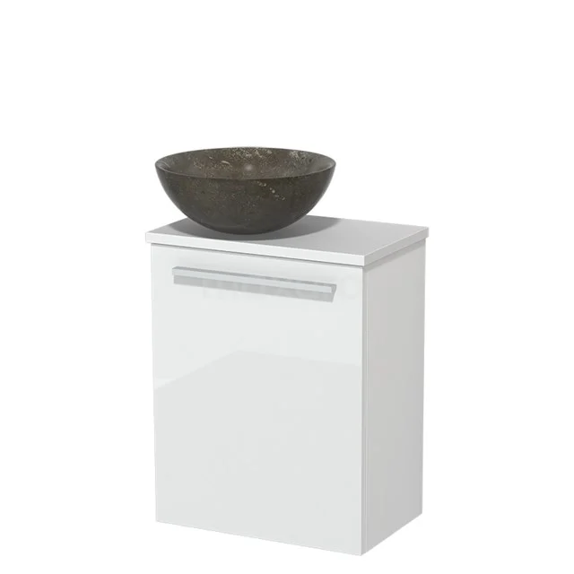 Toilet unit with wash basin | 41 cm High-gloss white Flat front Blue stone Natural stone countertop wash basin Matte white worktop TMK10-05441