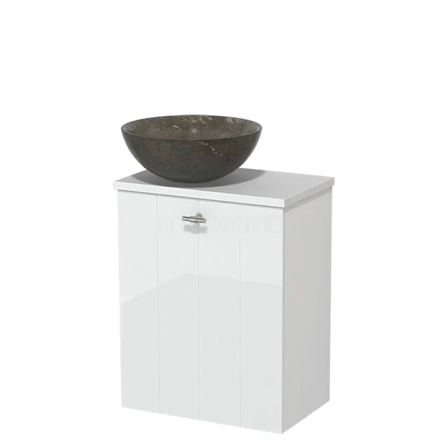 Toilet unit with wash basin | 41 cm High-gloss white Lamel front Blue stone Natural stone countertop wash basin Matte white worktop TMK10-05446