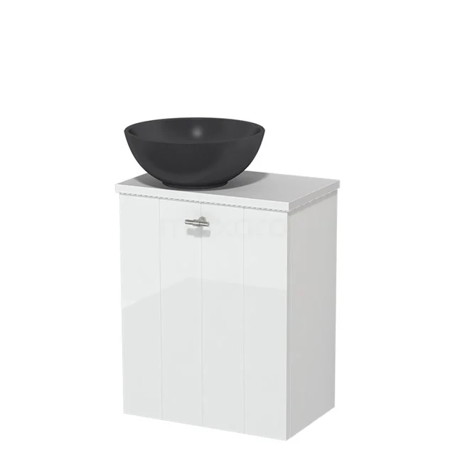 Weiße Badmöbelset mit einem stilvollen schwarzen runden Aufsatzwaschbecken, aus Keramik gefertigt, ideal für moderne Bäder.