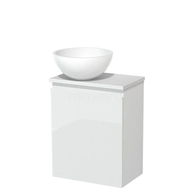 Toilet unit with countertop wash basin | 41 cm High-gloss white Handleless front High-gloss white Mineral marble countertop wash basin Matte white worktop TMK10-00825 White bathroom cabinet with ceramic bowl, compact design and glossy finish for modern bathroom storage.