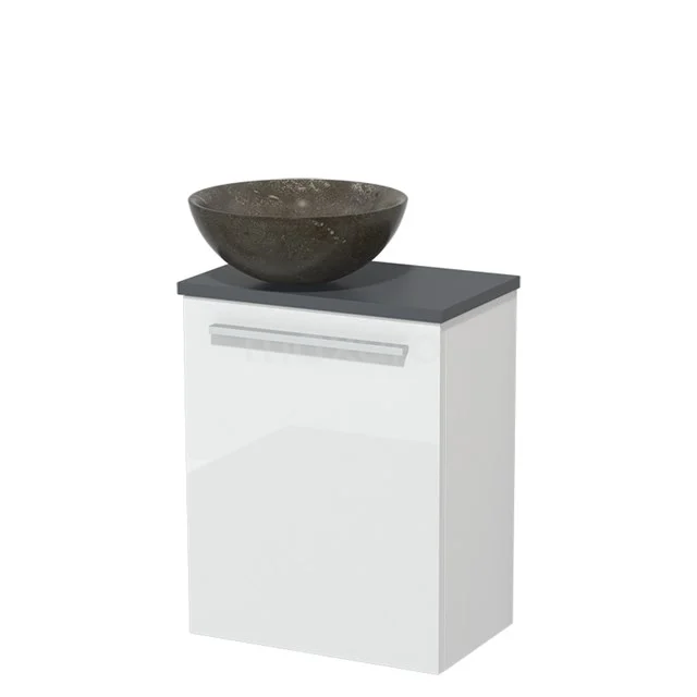 Toiletmeubel met waskom | 41 cm Hoogglans wit Vlak front Blue stone Natuursteen waskom Donkergrijs blad TMK10-05461