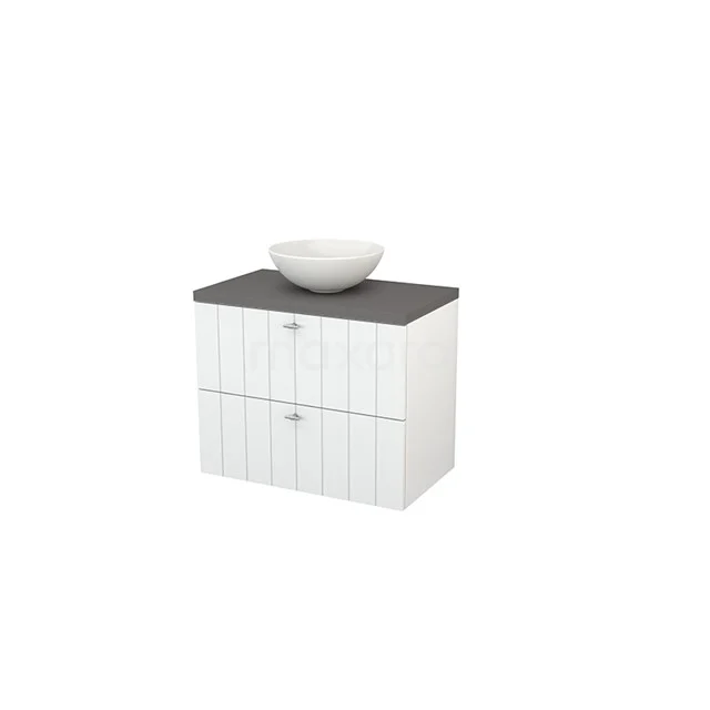 Modulo+ Plato Vanity units for countertop basin | 80 cm High-gloss white Slat front Basalt worktop 2 Stacked drawers BMK001727 White bathroom unit with black top, bowl-shaped basin and two drawers, made of durable wood with a sleek design.