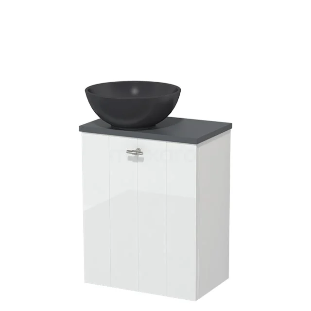 Toilet unit with countertop wash basin | 41 cm High-gloss white Lamel front Matte black Quartz wash basin Dark grey worktop TMK10-00842 White bathroom unit with black top washbasin, sleek design, perfect addition for modern bathrooms.