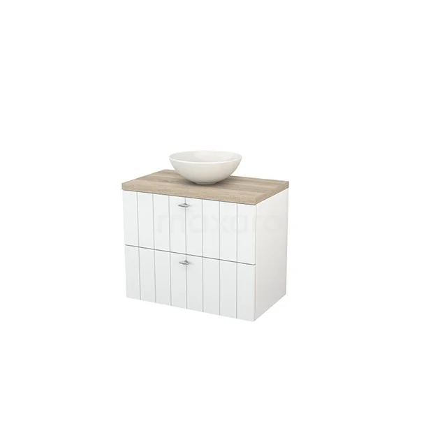 White bathroom unit with wood-look worktop, ceramic countertop wash basin and two drawers; modern design for a stylish bathroom.