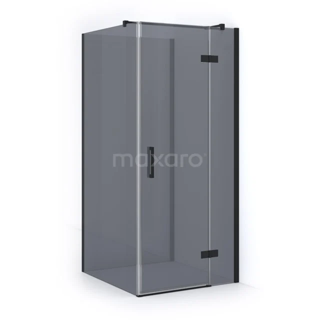 Corner shower cabin black glass, minimalist design with frosted glass accents, ideal for a modern bathroom.