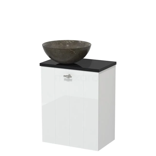 White Bathroom unit with black top and grey natural stone countertop wash basin, ideal for stylish and modern bathrooms.