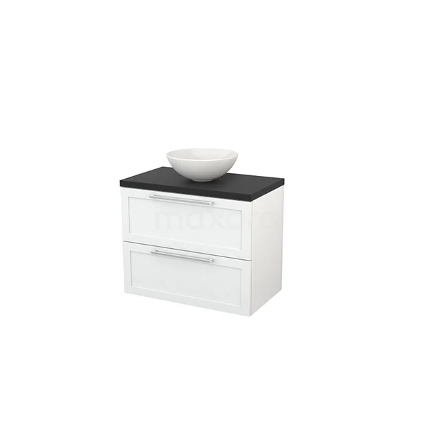 White Bathroom unit with black top, ceramic vanity units with basin, 2 drawers and sleek design; ideal for modern bathrooms.