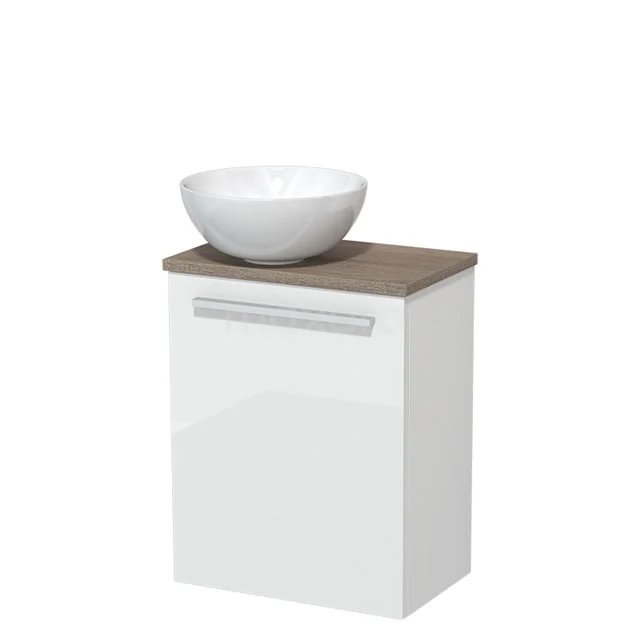 WC-Möbel mit Aufsatzwaschbecken | 41 cm Hochglanz Weiß Glatte Front Hochglanz Weiß Keramik Aufsatzwaschbecken Eiche Platte TMK10-05500 Weißes Badezimmermöbel mit Holzplatte und keramischem Aufsatzwaschbecken, kompaktes Design für moderne Bäder.