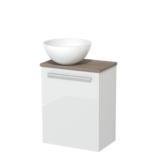 Toiletmeubel met waskom | 41 cm Hoogglans wit Vlak front Hoogglans wit Mineraalmarmer waskom Eiken blad TMK10-05502