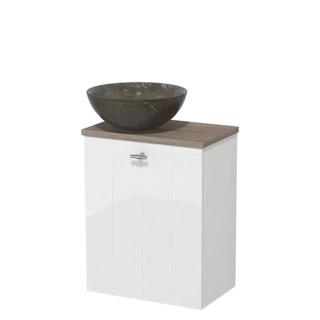 Toiletmeubel met waskom | 41 cm Hoogglans wit Lamel front Blue stone Natuursteen waskom Eiken blad TMK10-05506