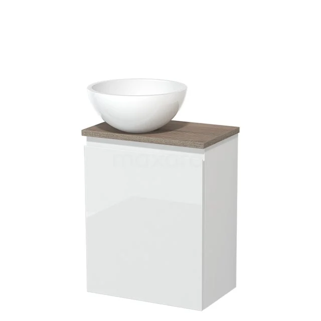 White bathroom unit with wood-look worktop and round, white countertop wash basin; modern design, perfect for stylish bathroom decor.