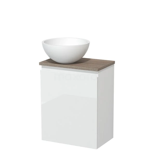 Toiletmeubel met waskom | 41 cm Hoogglans wit Greeploos front Mat wit Solid surface waskom Eiken blad TMK10-05513