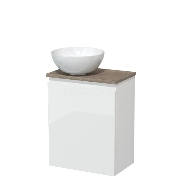 White bathroom unit with wooden worktop and round white countertop wash basin, modern design and compact size for stylish bathroom spaces.