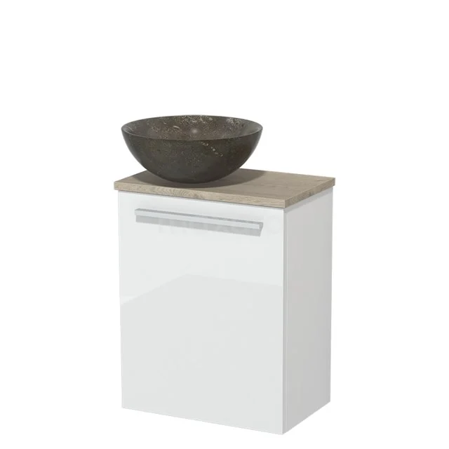 Toilet unit with wash basin | 41 cm High-gloss white Flat front Blue stone Natural stone countertop wash basin Light grey oak worktop TMK10-05521
