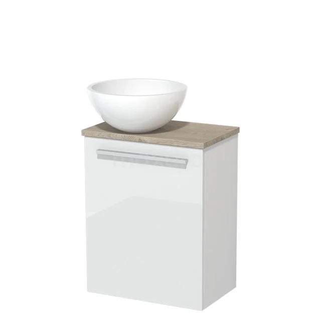 Weißes Badezimmermöbel mit Holzplatte und rundem Waschbecken, modernes Design, ideal für kompakte Bäder.