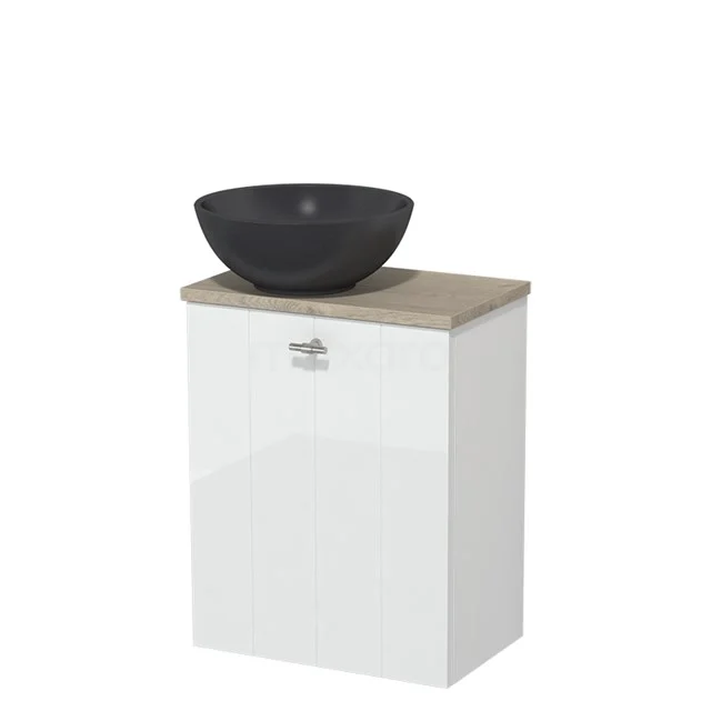 Countertop wash basin | 41 cm High-gloss white Lamel front Matte black Quartz wash basin Light grey oak worktop TMK10-05529