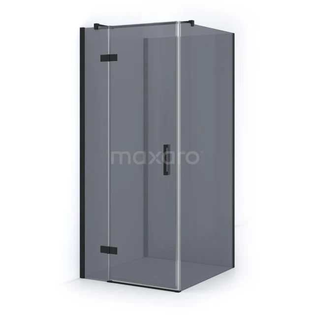 Matte black corner shower cabin with clear glass, sleek design and pivot door, perfect for a modern bathroom style.