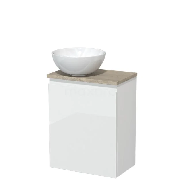 Toilet unit with countertop wash basin | 41 cm High-gloss white Handleless front High-gloss white Ceramic countertop wash basin Light grey oak worktop TMK10-05530