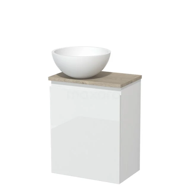 WC-Möbel mit Waschbecken | 41 cm Hochglanz Weiß Grifflose Front Matt Weiß Solid Surface Aufsatzwaschbecken Hellgraue Eiche Platte TMK10-05538 Kompakter weißer Badschrank mit Holzoptik-Platte und rundem, weißen Aufsatzwaschbecken; stilvolle Aufbewahrung für moderne Bäder.