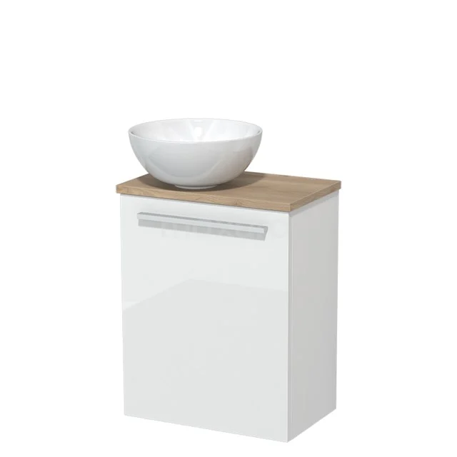 Toilet unit with wash basin | 41 cm High-gloss white Flat front High-gloss white Ceramic countertop wash basin Light brown oak worktop TMK10-02775