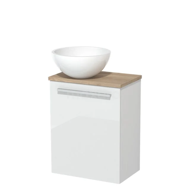 WC-Möbel mit Aufsatzwaschbecken | 41 cm Hochglanz Weiß Glatte Front Hochglanz Weiß Aufsatzwaschbecken aus Mineralguss Hellbraune Eiche TMK10-02777 Weißes Badezimmermöbel mit Holzplatte und rundem Aufsatzwaschbecken aus Keramik, ideal für moderne Badezimmergestaltung.