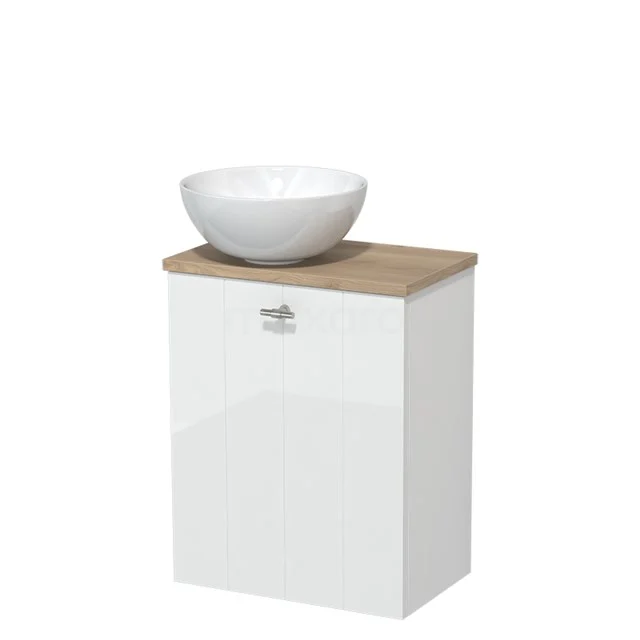 Toilet unit with countertop wash basin | 41 cm High-gloss white Lamel front High-gloss white Ceramic countertop wash basin Light brown oak worktop TMK10-02780