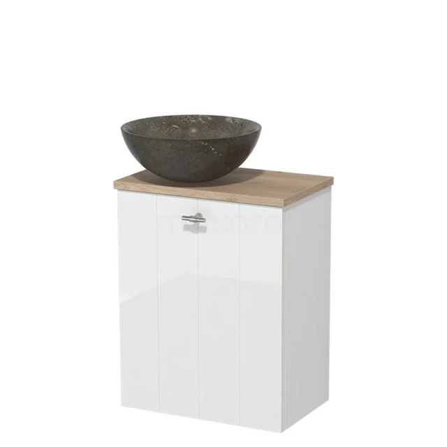 Toiletmeubel met waskom | 41 cm Hoogglans wit Lamel front Blue stone Natuursteen waskom Lichtbruin eiken blad TMK10-02781