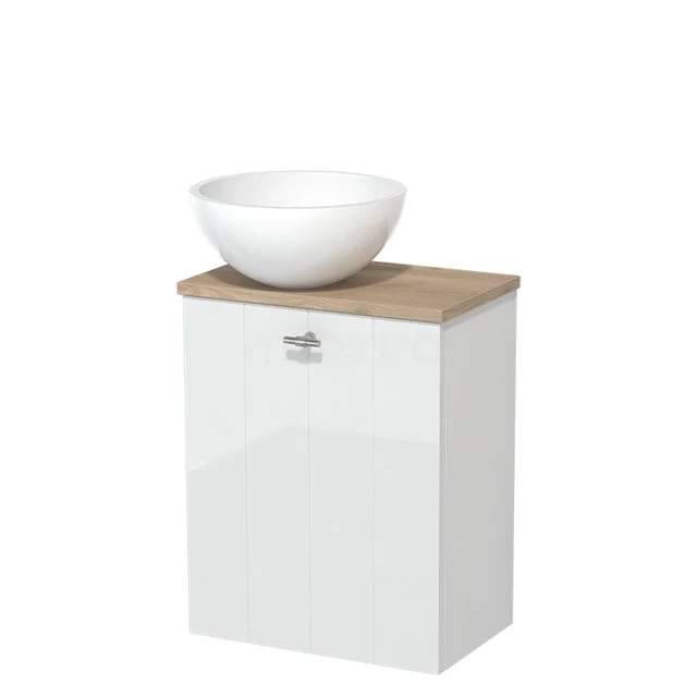 WC-Möbel mit Aufsatzwaschbecken | 41 cm Hochglanz Weiß Lamellenfront Hochglanz Weiß Mineralguss Aufsatzwaschbecken Hellbraune Eiche Platte TMK10-02782 Weißer Badschrank mit Holzlook Platte und keramischer Schüssel, kompaktes Design, ideal für moderne Badezimmer.