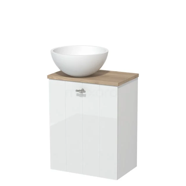 Toilet unit with countertop wash basin | 41 cm High-gloss white Lamel front Matte white Solidtop wash basin Light brown oak worktop TMK10-02783