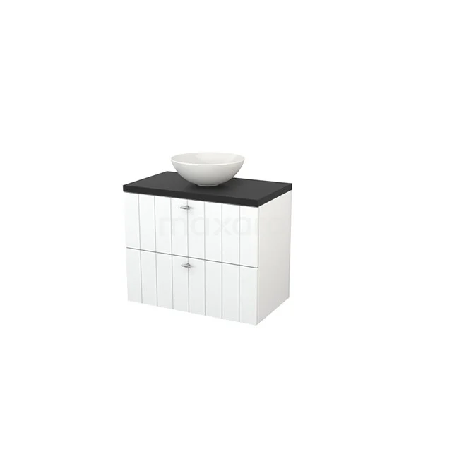 White bathroom furniture set with black top, two drawers and a round basin; modern design, ideal for compact bathrooms.