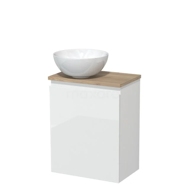 Toilet unit with wash basin | 41 cm High-gloss white Handleless front High-gloss white Ceramic countertop wash basin Light brown oak worktop TMK10-02785