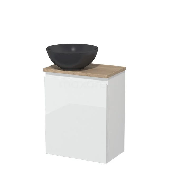 Toilet unit with countertop wash basin | 41 cm High-gloss white Handleless front Matte black Quartz basin Light brown oak worktop TMK10-02789