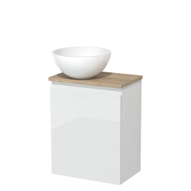 Toilet unit with countertop wash basin | 41 cm High-gloss white Handleless front High-gloss white Mineral marble countertop wash basin Light brown oak worktop TMK10-02792