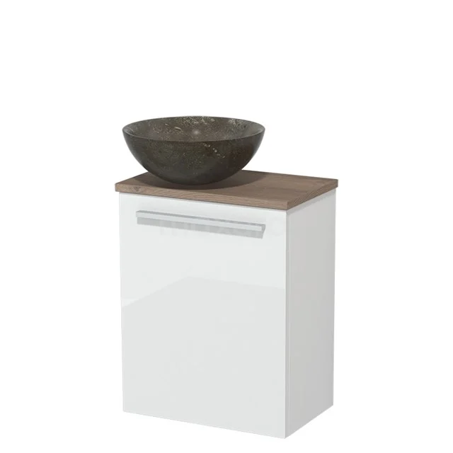 Toilet unit with wash basin | 41 cm High-gloss white Flat front Blue stone Natural stone countertop wash basin Mid brown oak worktop TMK10-04488
