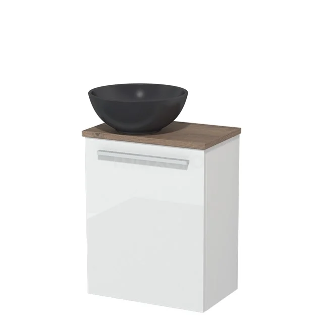 Toilet unit with countertop wash basin | 41 cm High-gloss white Flat front Matte black Quartz wash basin Mid brown oak worktop TMK10-04491