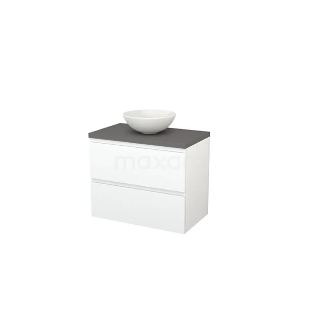 White hanging bathroom unit with two drawers, black worktop and round basin, sleek ceramic design.
