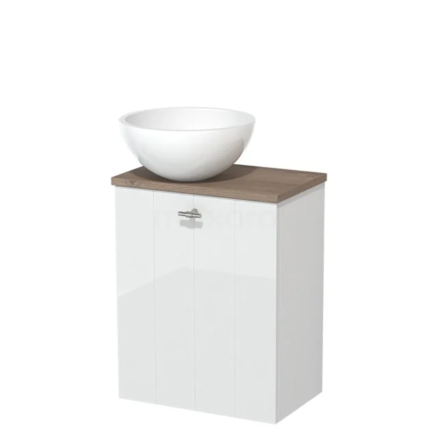 Toilet unit with countertop wash basin | 41 cm High-gloss white Lamel front High-gloss white Mineral marble countertop wash basin Mid brown oak worktop TMK10-04494