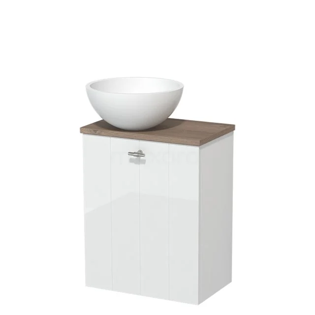 Toilet unit with countertop wash basin | 41 cm High-gloss white Lamel front Matte white Solidtop wash basin Mid brown oak worktop TMK10-04495