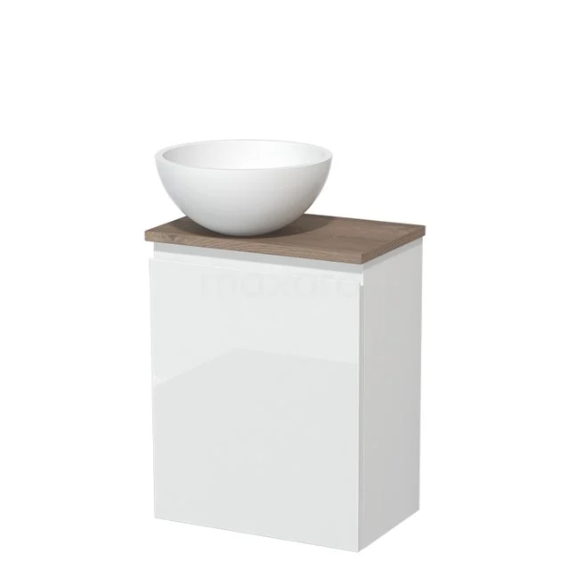 Toilet unit with countertop wash basin | 41 cm High-gloss white Handleless front Matte white Solid surface wash basin Mid brown oak worktop TMK10-04500