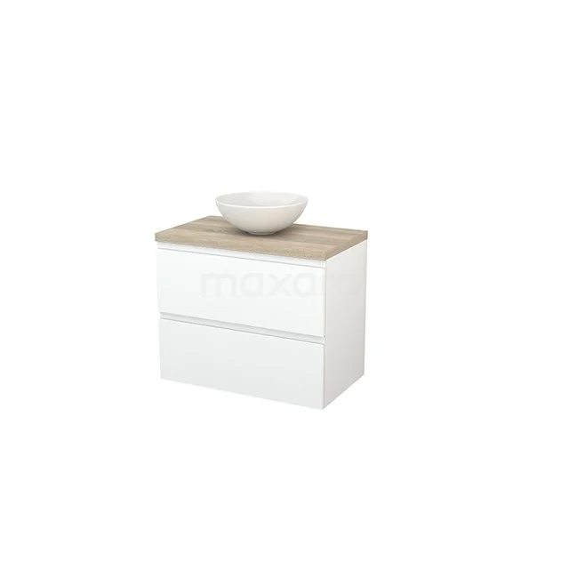 White Bathroom unit with two drawers, wood-look worktop and round ceramic basin; sleek design for modern bathrooms.