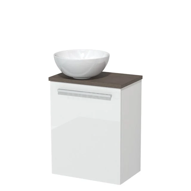 Toilet unit with wash basin | 41 cm Flat front High-gloss white Ceramic countertop wash basin Dark brown oak worktop TMK10-05540