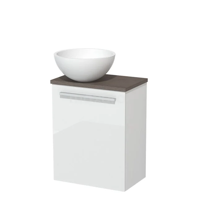 Toiletmeubel met waskom | 41 cm Hoogglans wit Vlak front Mat wit Solid surface waskom Donkerbruin eiken blad TMK10-05543